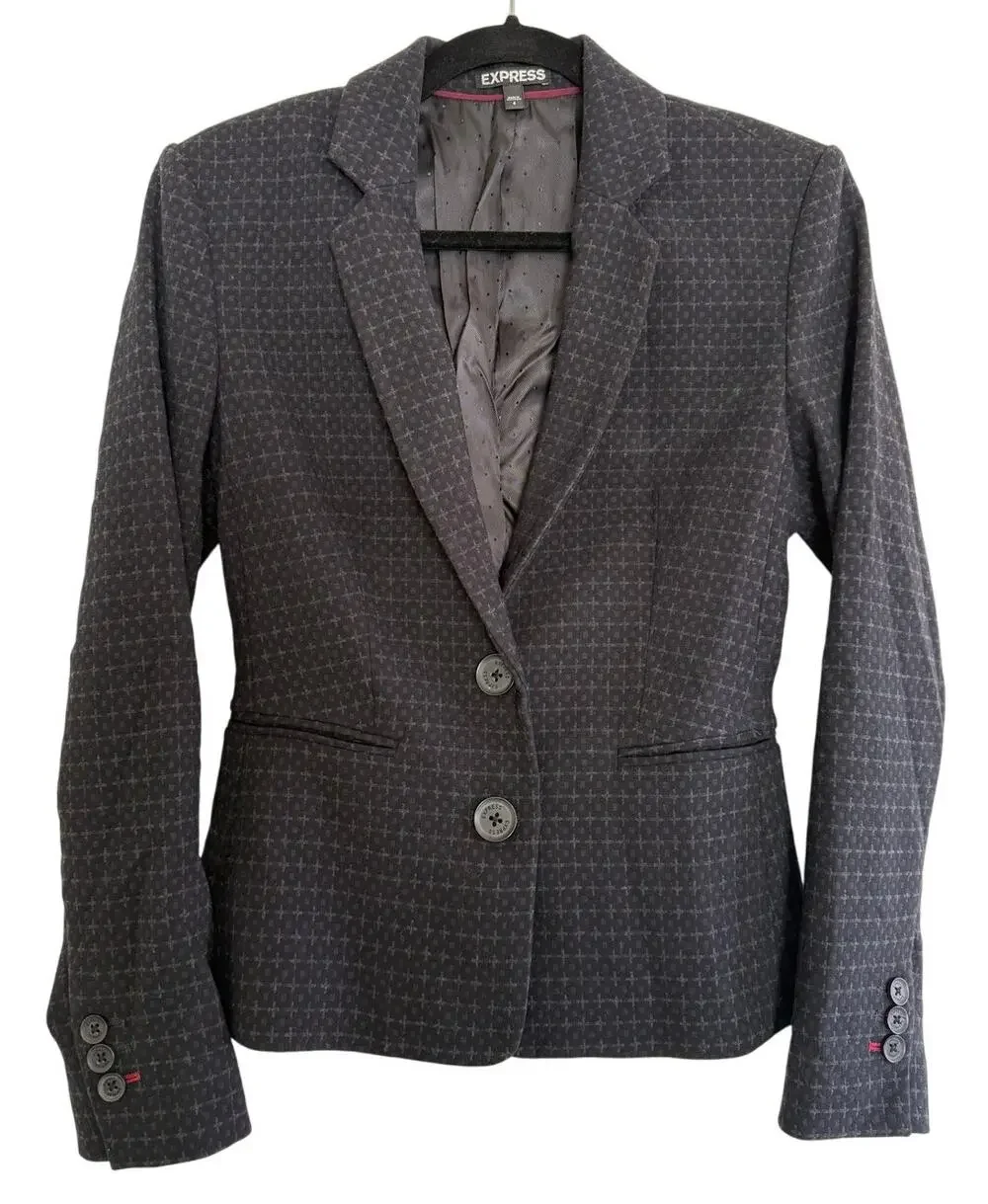 Express Black Brown Geometric Pattern Blazer Double Button Pockets Size 4 Preppy